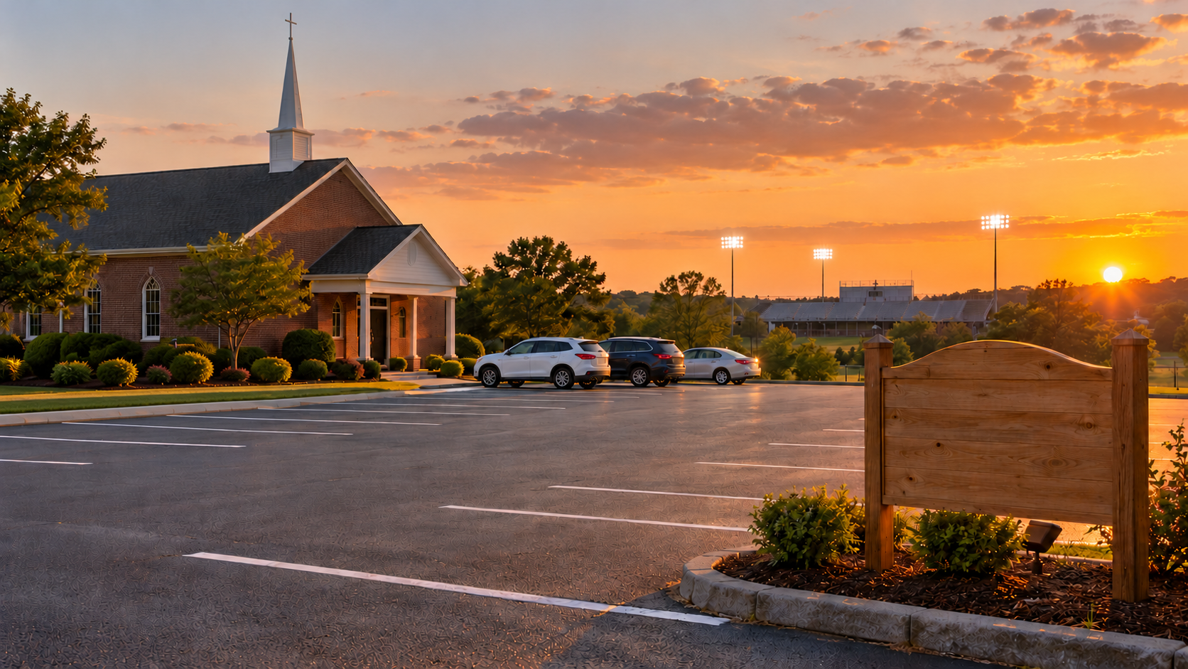A church parking lot at golden hour, freshly painted lines empty in the evening light, the church steeple behind it and stadium floodlights glowing in the distance